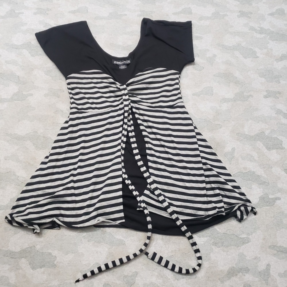 Living Doll Tunic Top Womens Medium Black Tie Short Sleeve Striped